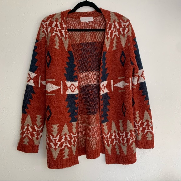 Ally Mae Southwestern Tribal Western Aztec Rust Open Front Cardigan Boho Summer - Picture 1 of 10